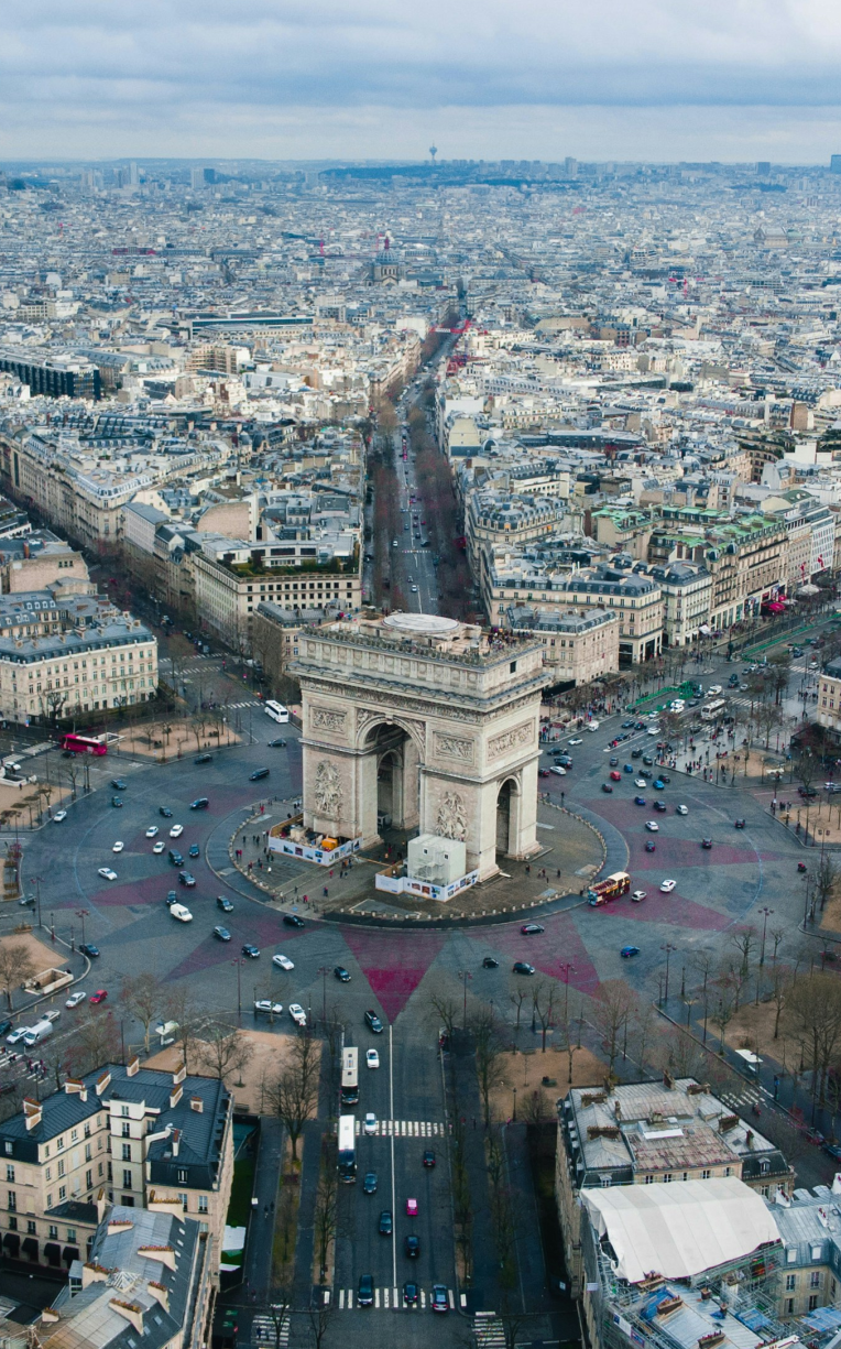 Aerial view of the Arc de Triomphe and Place Charles de Gaulle in Paris