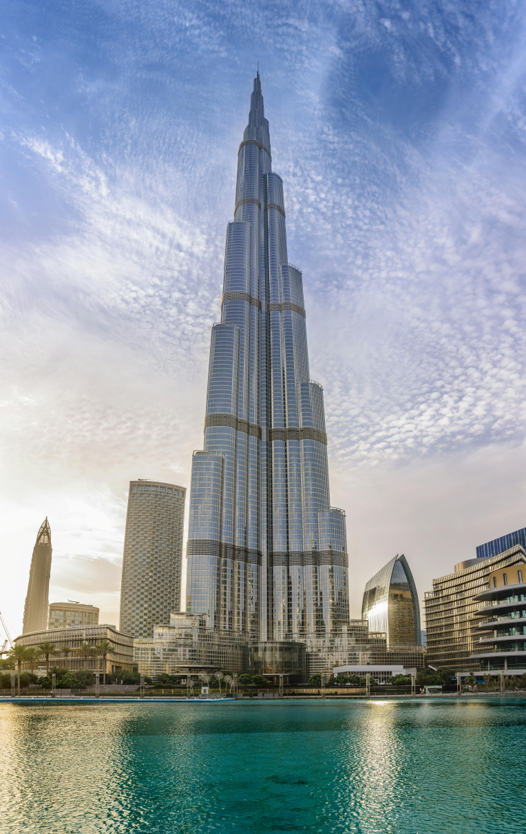 Where to Stay in Dubai (Best Areas & Hotels). View of Burj Khalifa in Downtown Dubai at sunrise, near Dubai Mall and top-rated hotels