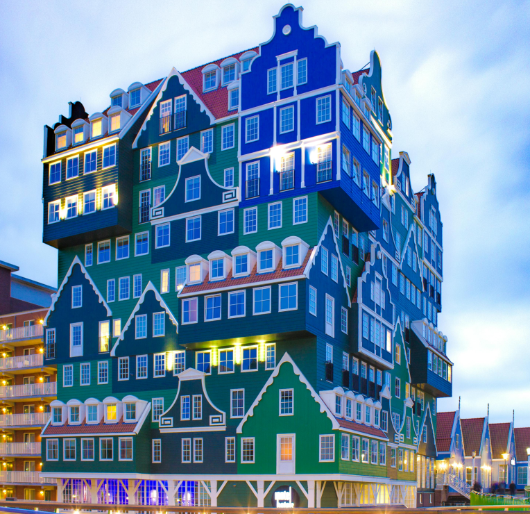 Inntel Hotel Zaandam featuring a colorful facade designed to resemble traditional Dutch houses near Amsterdam.