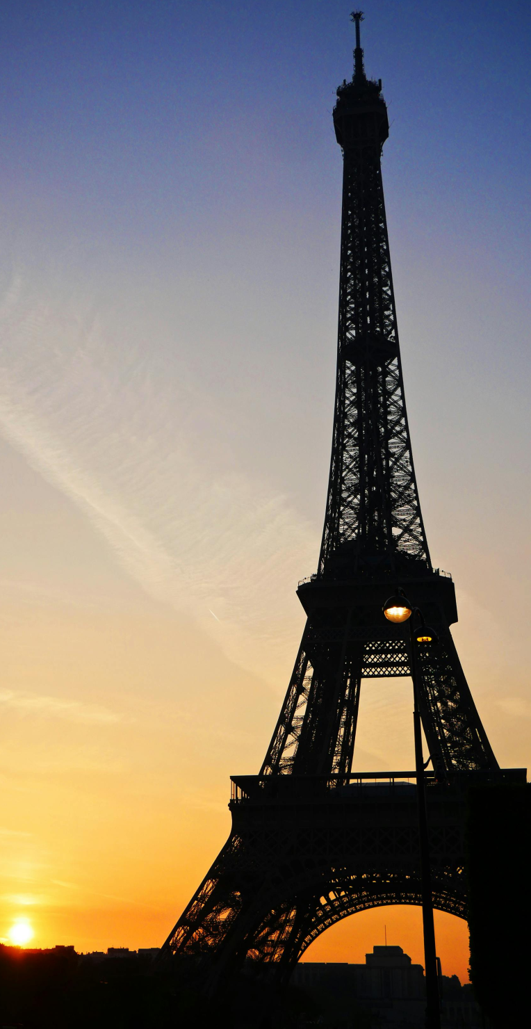 Where to stay in Central Paris. Eiffel Tower silhouetted at sunset in Paris, France