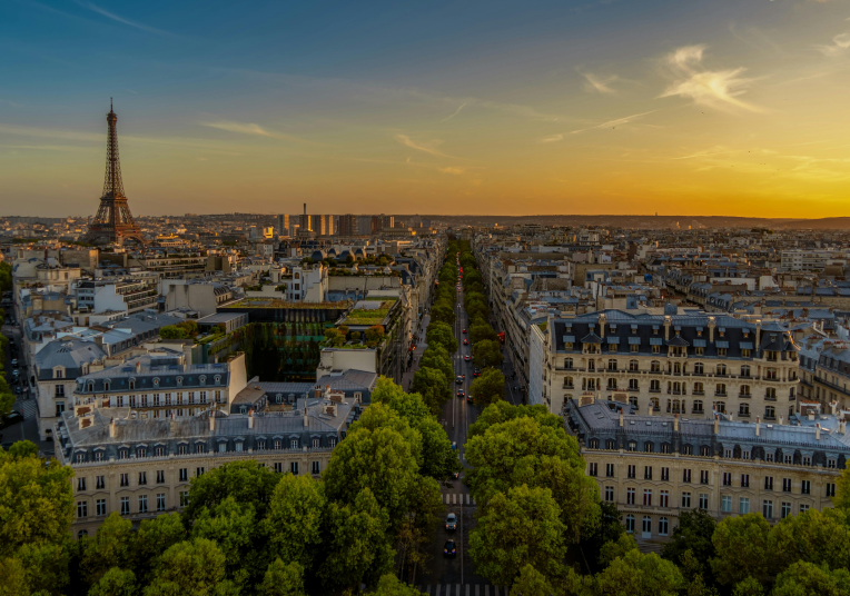 Aerial view of Paris cityscape at sunset with the Eiffel Tower and tree-lined avenues.