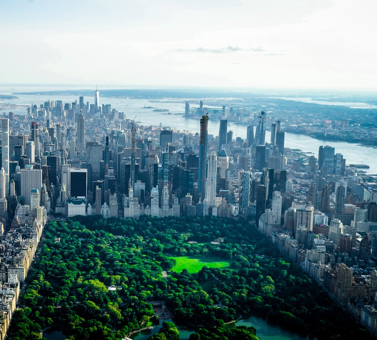 Aerial view of Central Park and the Manhattan skyline in New York City.